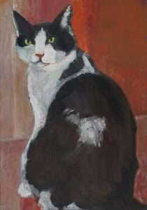 Whiskers collection - Cat portrait painting by Vanessa Worrall called tuxedo cat twist 1